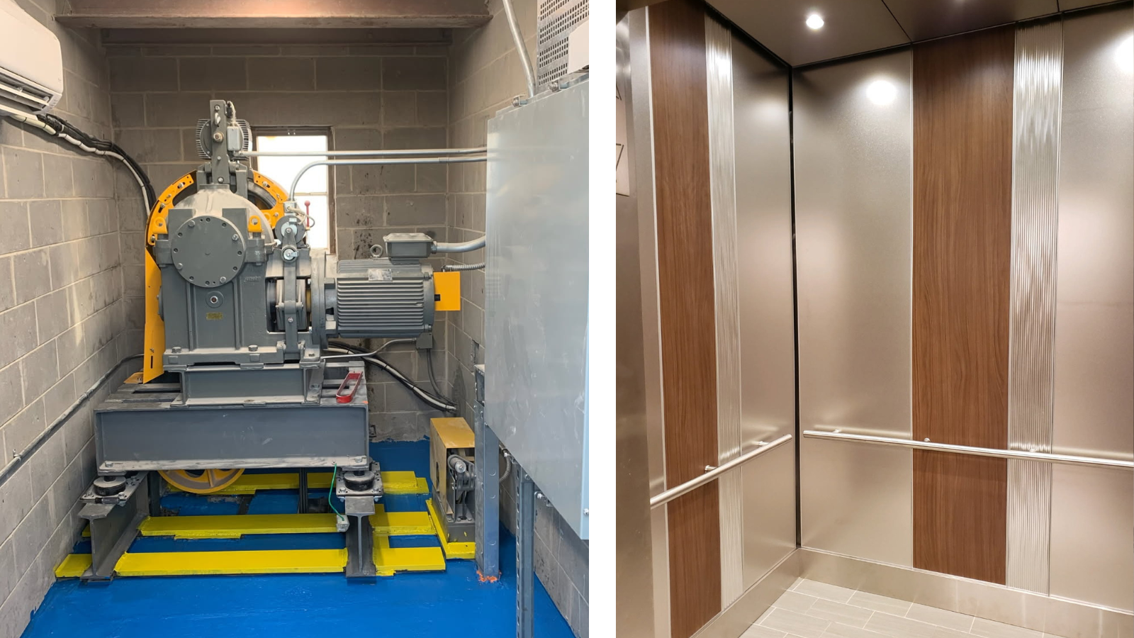 At left, a newly modernized traction machine. At right, a brand-new elevator cab interior